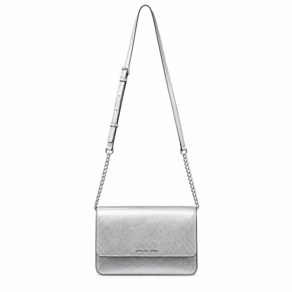 Michael Kors Daniela Large Gusset Crossbody Bag Silver Metallic Leather Chain